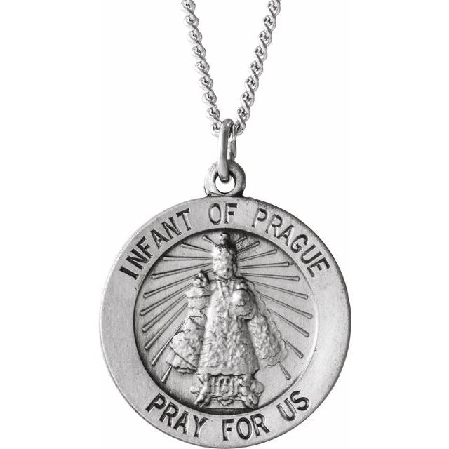 Sterling Silver 18 mm Round Infant of Prague Medal 18' Necklace