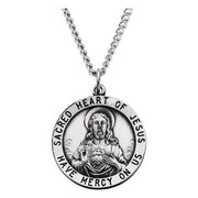Sterling Silver 25 mm Round Sacred Heart of Jesus 24' Necklace