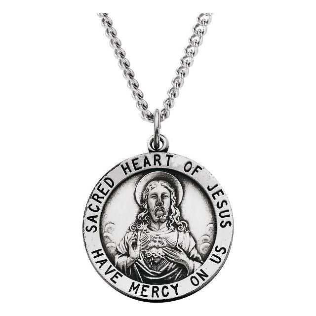 Sterling Silver 25 mm Round Sacred Heart of Jesus 24' Necklace