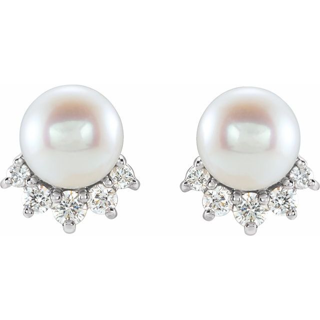 14k White Cultured White Freshwater Cultured Pearl & .08 Ctw Natural Diamond Earrings