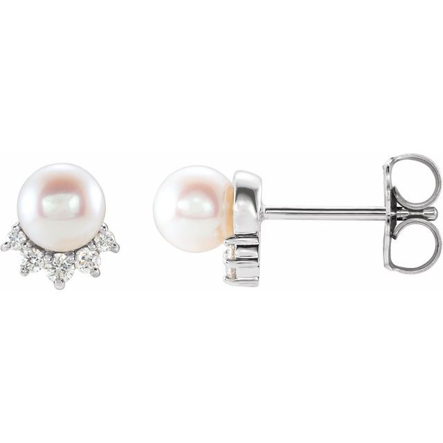 14k White Cultured White Freshwater Cultured Pearl & .08 Ctw Natural Diamond Earrings