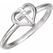 14k White .01 Ct Natural Diamond Cross & Heart Ring