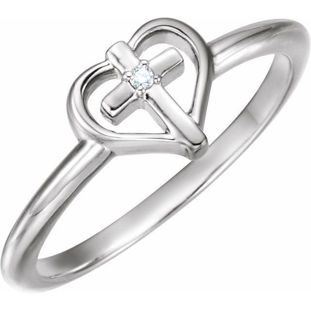 14k White .01 Ct Natural Diamond Cross & Heart Ring