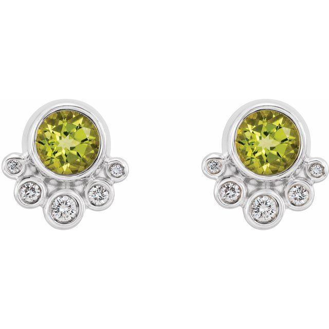 14k White Natural Peridot & 1/8 Ctw Natural Diamond Earrings