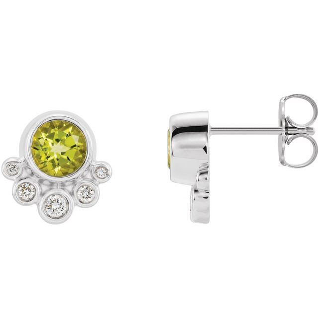 14k White Natural Peridot & 1/8 Ctw Natural Diamond Earrings