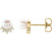 14k Yellow Cultured White Freshwater Cultured Pearl & .08 Ctw Natural Diamond Earrings