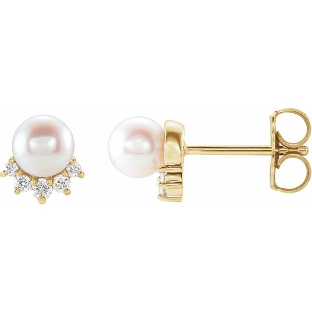14k Yellow Cultured White Freshwater Cultured Pearl & .08 Ctw Natural Diamond Earrings
