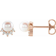 14k Rose Cultured White Freshwater Cultured Pearl & .08 Ctw Natural Diamond Earrings