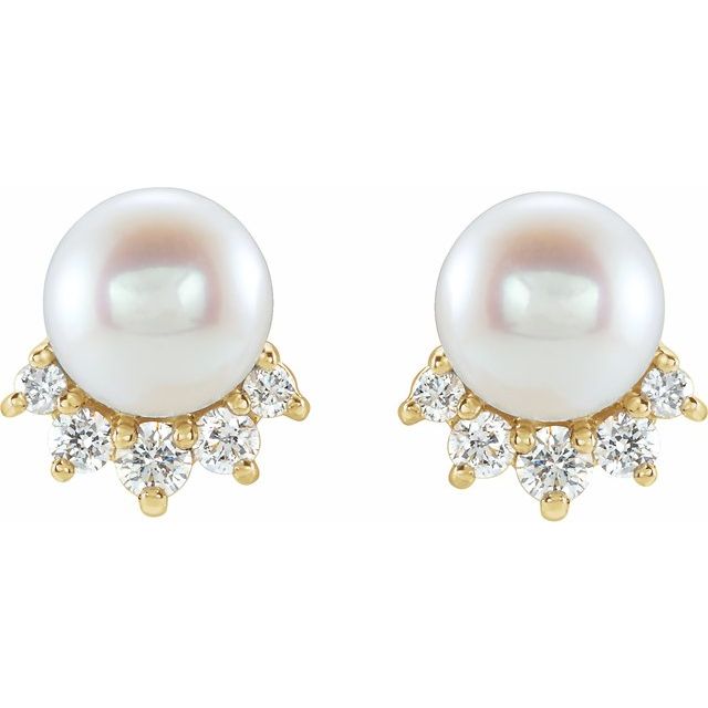 14k Yellow Cultured White Freshwater Cultured Pearl & .08 Ctw Natural Diamond Earrings