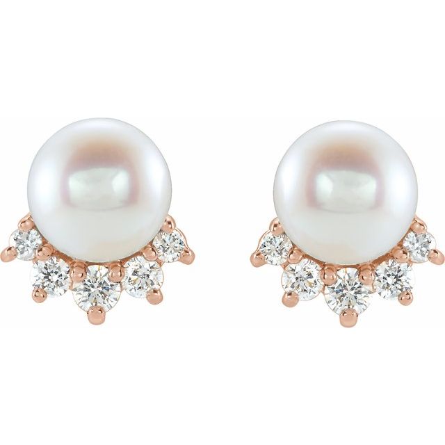 14k Rose Cultured White Freshwater Cultured Pearl & .08 Ctw Natural Diamond Earrings