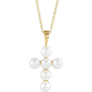 14k Yellow Cultured White Freshwater Pearl Cross 16-18' Necklace
