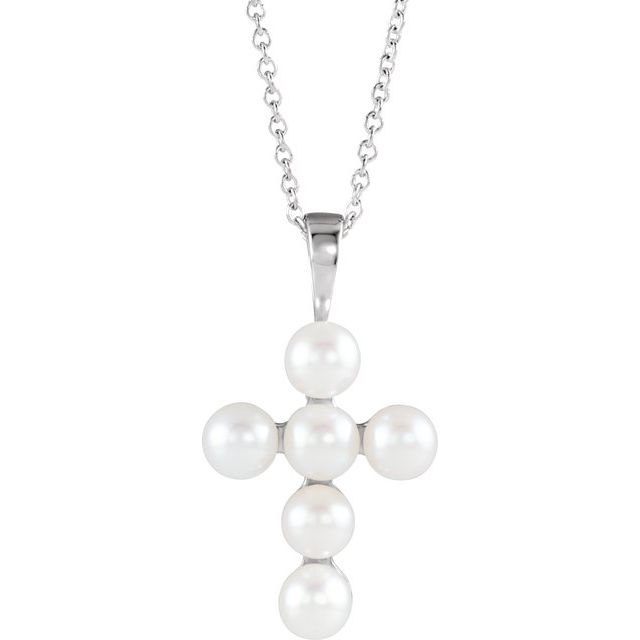 Sterling Silver Cultured White Freshwater Pearl Cross 16-18' Necklace