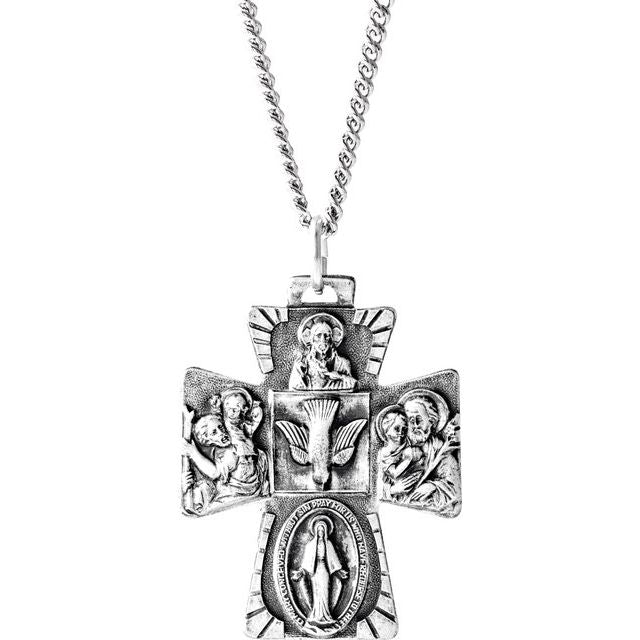Sterling Silver 28x23 mm Four-Way Cross Medal 24' Necklace