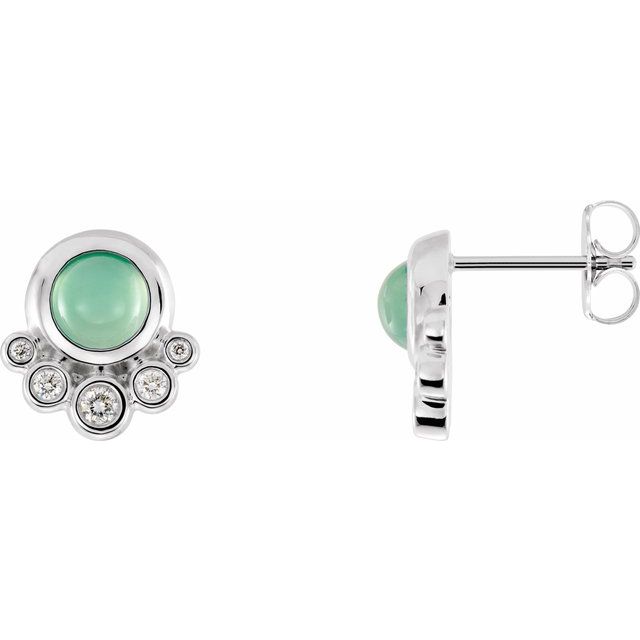 14k White  Natural Green Chrysoprase  & 1/8 Ctw Natural Diamond Earrings