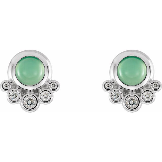 14k White  Natural Green Chrysoprase  & 1/8 Ctw Natural Diamond Earrings