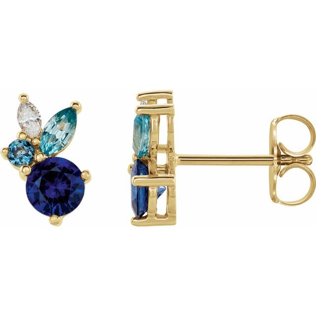 14K Yellow Natural Blue Sapphire, Natural Aquamarine, Natural Blue Zircon & .07 CTW Natural Diamond Earrings