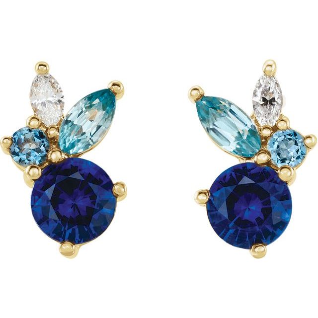 14K Yellow Natural Blue Sapphire, Natural Aquamarine, Natural Blue Zircon & .07 CTW Natural Diamond Earrings