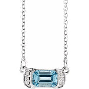 14k White Natural Aquamarine & .02 Ctw Natural Diamond Bar 16' Necklace