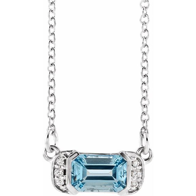 14k White Natural Aquamarine & .02 Ctw Natural Diamond Bar 16' Necklace