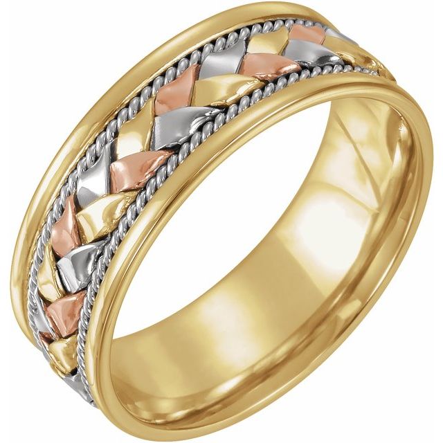 14k Yellow/white/rose 8 Mm Rope Woven Comfort-fit Flat Band Size 6
