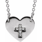 Sterling Silver .02 Ctw Natural Diamond Heart & Cross 16-18' Necklace