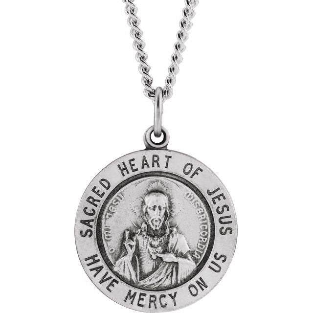 Sterling Silver 22 mm Round Sacred Heart of Jesus 24' Necklace