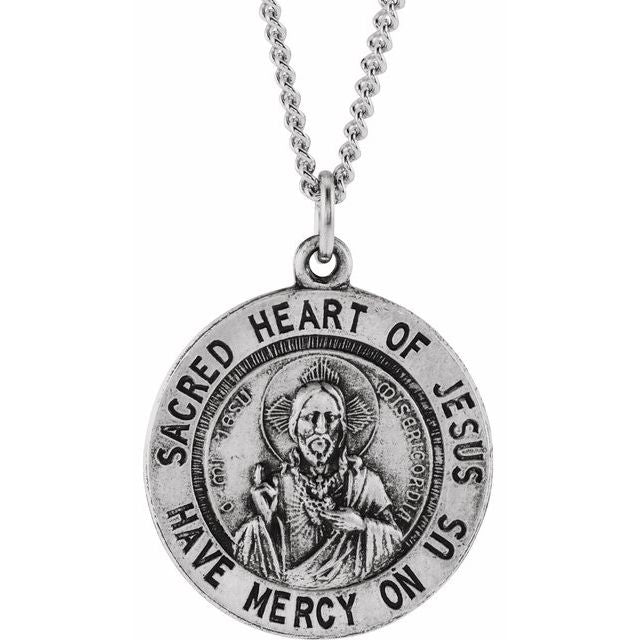 Sterling Silver 18.5 mm Round Sacred Heart of Jesus 18' Necklace