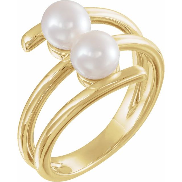 14k Yellow Cultured White Freshwater Pearl Two-stone Ring