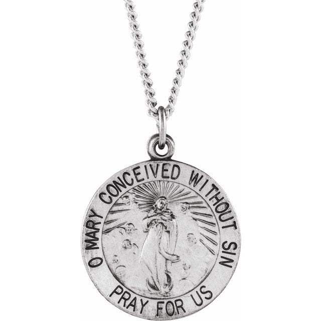 Sterling Silver 18 mm Round Immaculate Conception Medal 18' Necklace