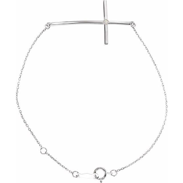 14k White .025 Ct Natural Diamond Sideways Cross 7-8' Bracelet