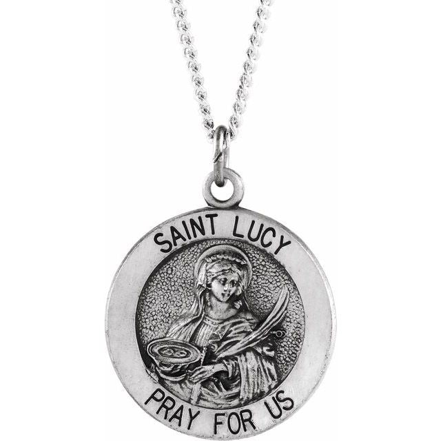 Sterling Silver 18 mm Round St. Lucy Medal 18' Necklace