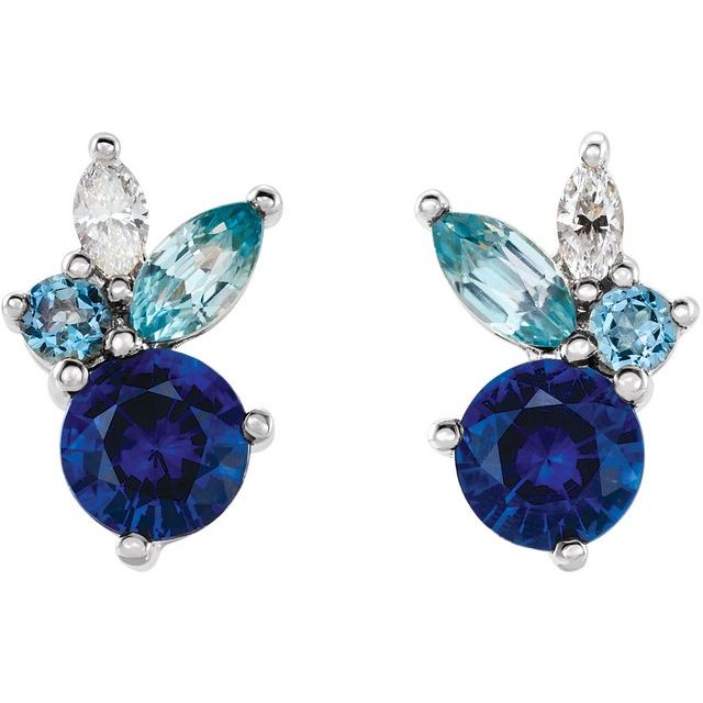 14K White Natural Blue Sapphire, Natural Aquamarine, Natural Blue Zircon & .07 CTW Natural Diamond Earrings