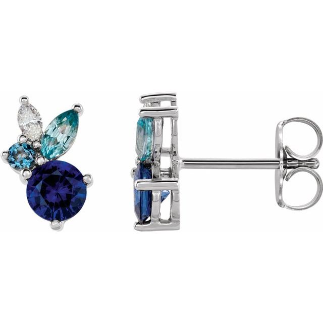 14K White Natural Blue Sapphire, Natural Aquamarine, Natural Blue Zircon & .07 CTW Natural Diamond Earrings
