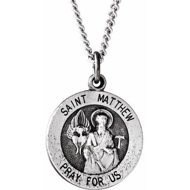 Sterling Silver 15 mm Round St. Matthew Medal 18' Necklace