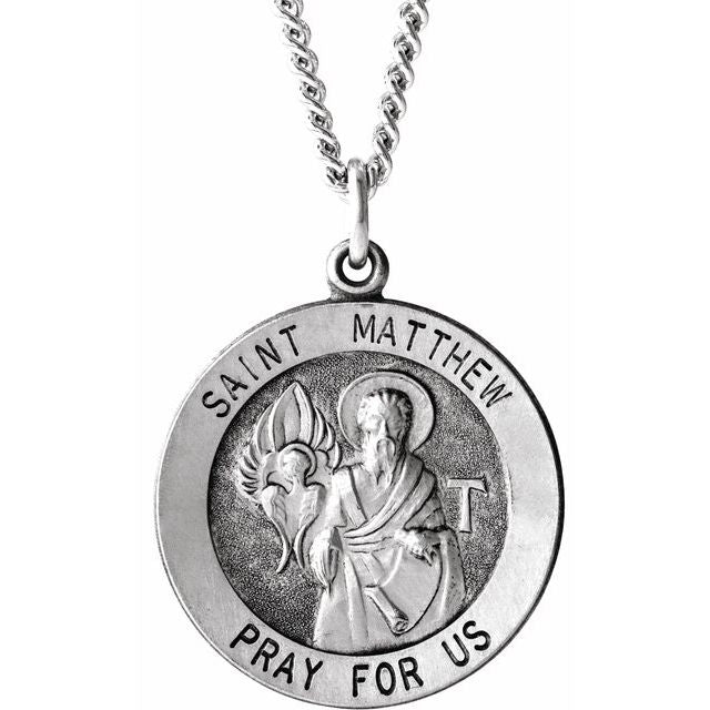 Sterling Silver 22 Mm Round St. Matthew Medal 24' Necklace
