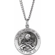 Sterling Silver 18 mm Round Sacred Heart of Mary 18' Necklace