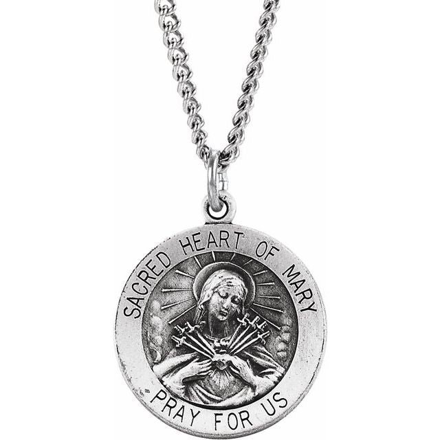 Sterling Silver 18 mm Round Sacred Heart of Mary 18' Necklace