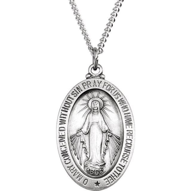 Sterling Silver 23x16 mm Oval Miraculous Medal 18' Necklace