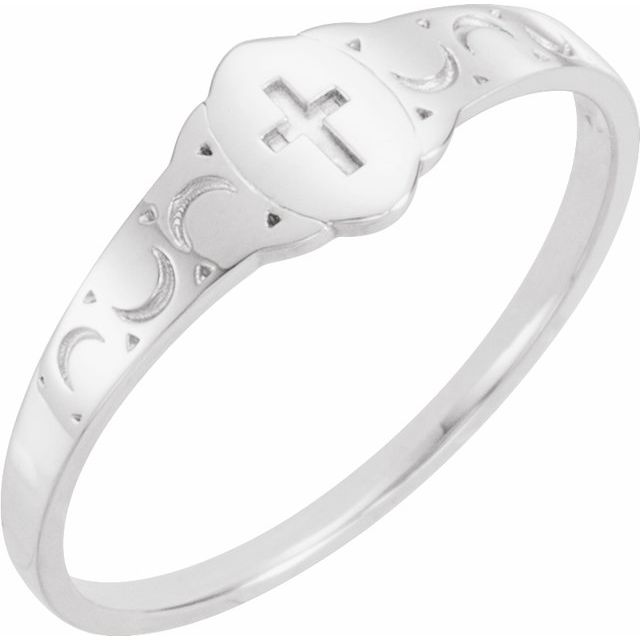 14K White 5x3 mm Oval Youth Cross Signet Ring