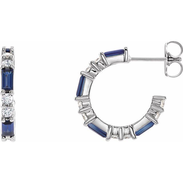 14k White Natural Blue Sapphire & 1/2 Ctw Natural Diamond 17.2 Mm Hoop Earrings