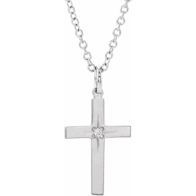 14K White .0075 CT Natural Diamond Youth Cross 15' Necklace