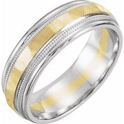 14k White/yellow/white 6 Mm Flat Stepped Edge Band With Milgrain & Hammer Finish Size 9