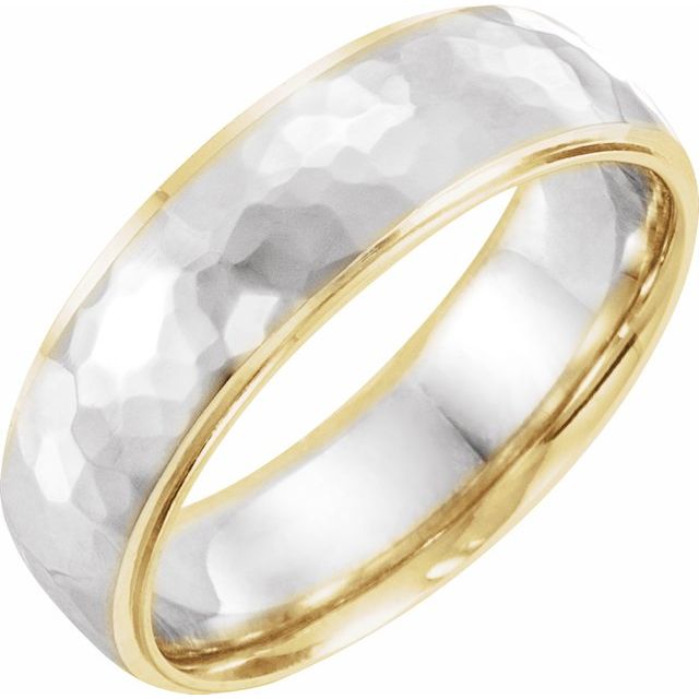 14k Yellow/white/yellow 6 Mm Half Round Stepped-edge Band With Hammer Finish Size 10