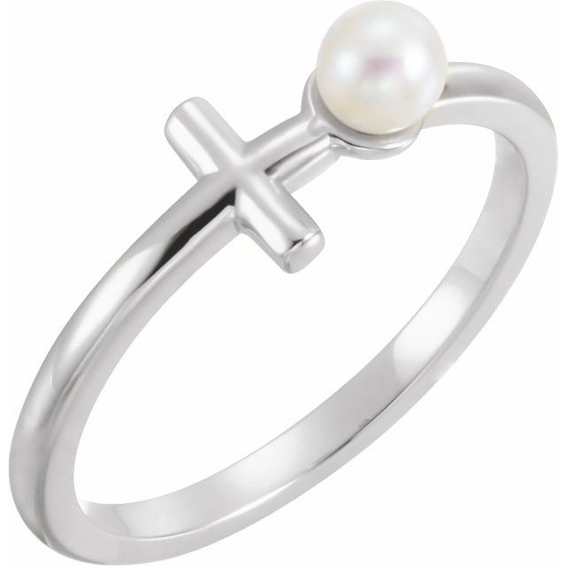 14K White Cultured White Freshwater Pearl Sideways Cross Ring