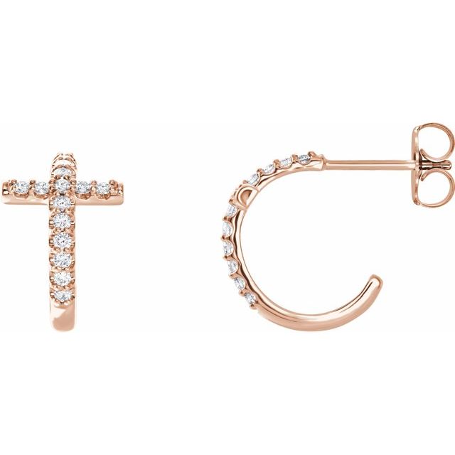 14k Rose 1/4 Ctw Natural Diamond Cross 12.15 Mm Hoop Earrings