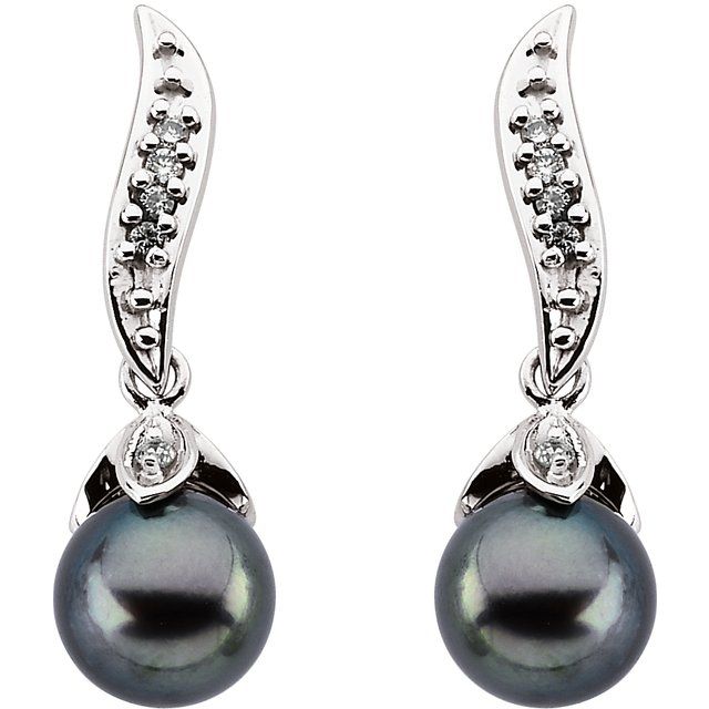 14K White Cultured Black Akoya Pearl & 1/10 CTW Natural Diamond Earrings