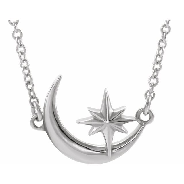 Sterling Silver Crescent Moon & Star 16-18' Necklace