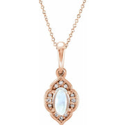 14K Rose Natural Rainbow Moonstone & .03 CTW Natural Diamond Clover 16-18' Necklace