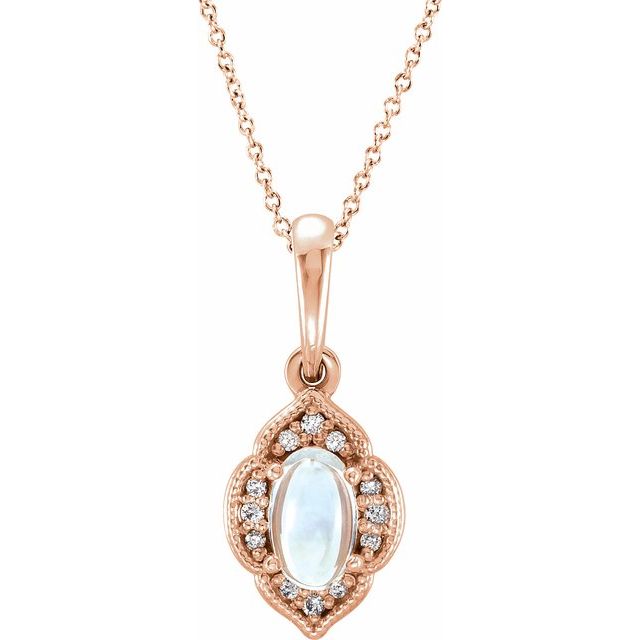 14K Rose Natural Rainbow Moonstone & .03 CTW Natural Diamond Clover 16-18' Necklace