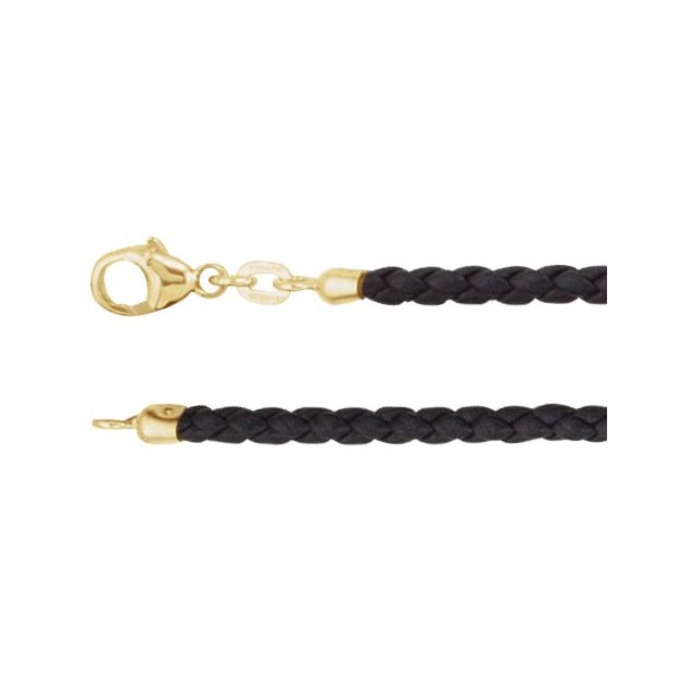 14K Yellow 3 mm Black Braided Leather 18' Cord